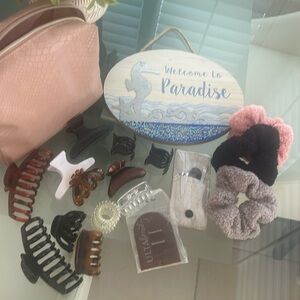 Girls Hair accessory 18 Bundle claw clip scrunchies nail kit self tan mitt EUC